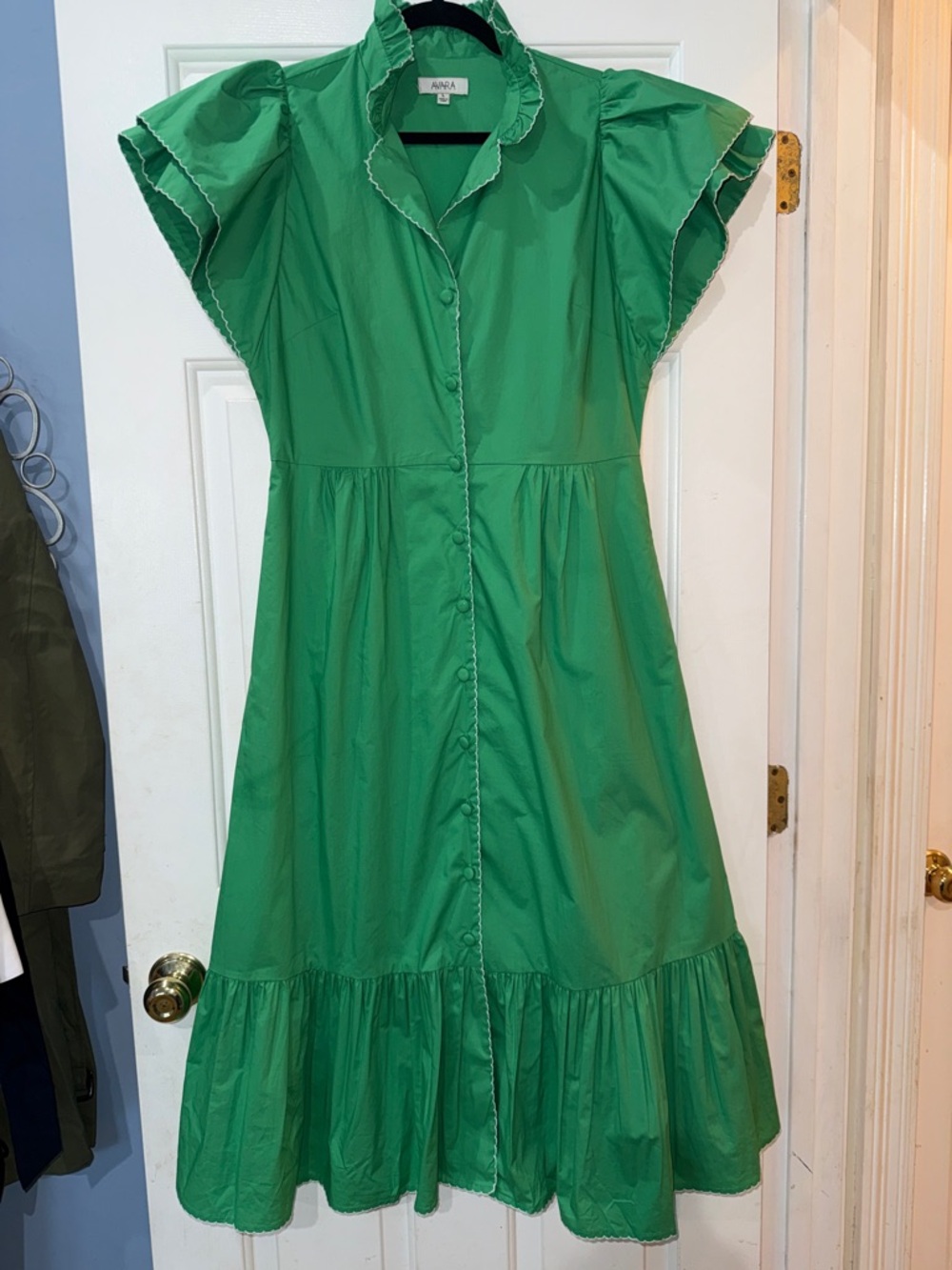 Green Ruffle-Trim Button-Front Maxi Dress